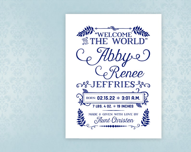 May include: A white printable sign with blue text and floral accents announcing the birth of Abby Renee Jeffries. The sign includes the baby's birthdate, time, weight, and length. The text reads "Welcome the World" Abby Renee Jeffries, Born: 02.15.22 * 3:01 A.M. 7 lbs. 4 oz. * 19 inches. Made & Given with Love by Aunt Christen.