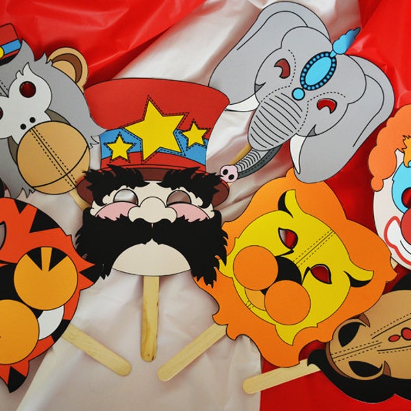 Print Your Own Circus Masks, Photo Booth Prop Ringmaster Lion Tiger Elephant Horse Monkey Clown, Carnival Birthday Decoration, DIY