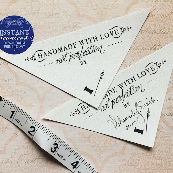 Corner Quilt Label, Print Your Own, Handmade with love not perfection, Digital Download, Set of 5 labels DIY, Triangular Appliqué