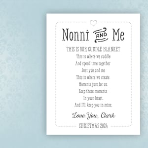 May include: A white card with black text that reads "Nonni and Me This is our cuddle blanket This is where we cuddle And spend time together Just you and me This is where we create Moments just for us Keep these moments In your heart And I'll keep you in mine Love You, Clark Christmas 2024".