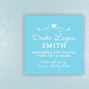 May include: Light blue baby announcement card with white text. It says "Drake Logan SMITH" and includes the baby's birthdate, time, weight, and length. The card also says "Made with love by Nonnie. Shirley Davis."