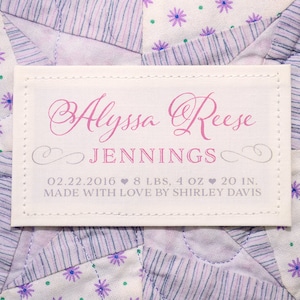 Label for baby quilt, Personalized Baby Quilt Patch, Baptismal Blanket Patch, Baby Shower Gift, Christening Gown Label, 3.5x2 inch tag