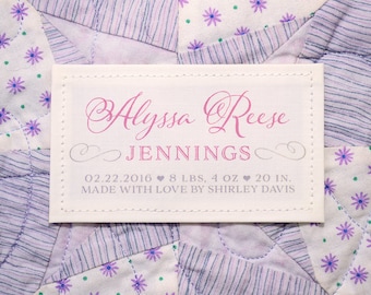 Label for baby quilt, Personalized Baby Quilt Patch, Baptismal Blanket Patch, Baby Shower Gift, Christening Gown Label, 3.5x2 inch tag