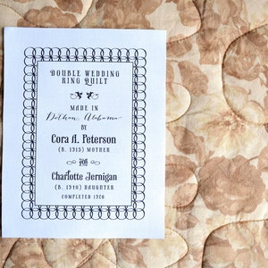 Étiquette de courtepointe héritage personnalisée • Motif double alliance • Écusson de courtepointe de style vintage • Étiquette de courtepointe antique