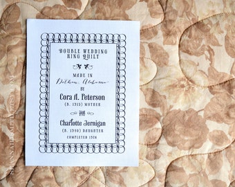Personalized Heirloom Quilt Label • Double Wedding Ring Pattern • Vintage Style Quilt Patch • Antique Quilt Label