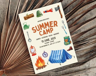 Watercolor Camping Party Invitation – Editable Canva Template – Printable Outdoor Camp Birthday Invite
