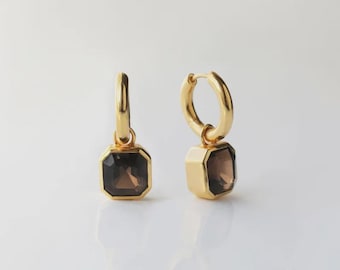 Birthstone Hoop & Drop Smoky Quartz Huggies, Gold Spike Dainty Earrings, Minimalist Jewelry, Trendy Everyday Gift for Her