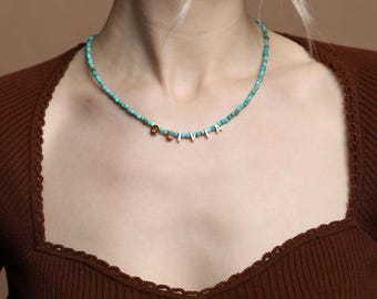 Yellow Gold Natural Turquoise Necklace, personalised Rondelle Boho jewellery Natural ArizonaTurquoise Faceted Beads Jewelry Gemstone Jewelry