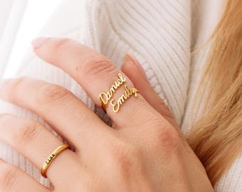 Anillo de doble nombre personalizado, joyería personalizada para parejas, mamás, mejores amigas, banda abierta minimalista, regalo grabado, joyería hecha a mano