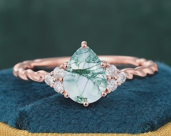 Pear Cut Natural Moss Agate Engagement Ring, Rose Gold Band, Diamond Accents, Vintage Wedding Jewelry, High Quality Stones Jewellry.