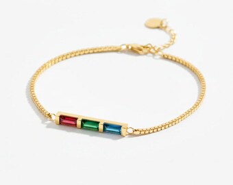 Pulsera de oro con piedra de nacimiento, pulsera baguette con piedra de nacimiento, collar familiar con piedra de nacimiento, pulsera con piedra de nacimiento para mujer, regalo de Navidad