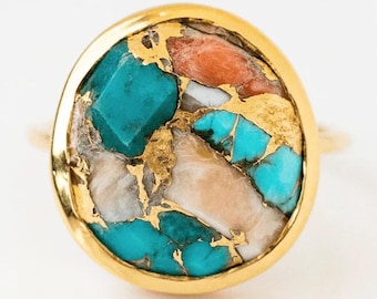 Yellow Gold Oyster Turquoise Ring, 14K Gold Boho Jewelry, Statement Vintage Style Ring, Gift for Her, Unique Bridal or Engagement Rings