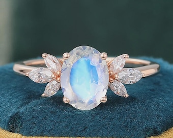 Moon Stone Engagement Ring, Oval Moss Agate with Diamond Accents, Rose Gold Band, Unique Vintage Bridal Promise Wedding Ring