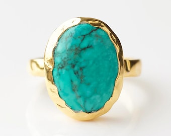 Yellow Gold Natural Turquoise Ring, 14K Gold Boho Jewelry, Statement Vintage Style Ring, Gift for Her, Unique Bridal or Engagement Rings