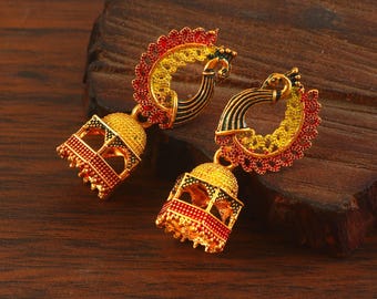 Pendientes de aro ucranianos vintage, con estampado de pavo real, joyería étnica bohemia.