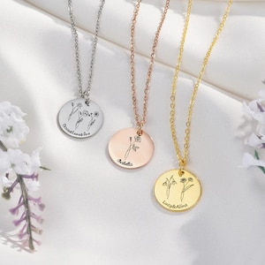 Personalized Engraved Birth Flower Disc Necklace, Gold Tiny Birth Flower Charm Necklace, Multi Disc Necklace, Mothers Day Gifts for Grandma