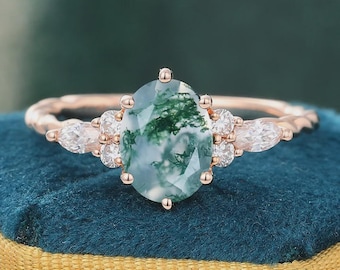 Moss Agate engagement ring Oval vintage moissanite moonstone onyx Morganite aquamarine opal garnet unique wedding bridal anniversary jewelry