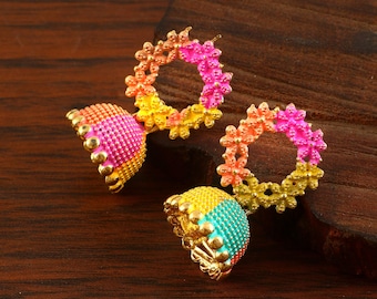 Pendientes con estampado floral multicolor, joyería étnica ucraniana minimalista