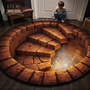 Op de afbeelding: Een ronde vloerkleed met een 3D-illusie van een bakstenen put met trappen. Het vloerkleed heeft een gedetailleerd ontwerp met bruine en beige bakstenen, waardoor een realistisch visueel effect ontstaat. Het vloerkleed ligt op een houten vloer.