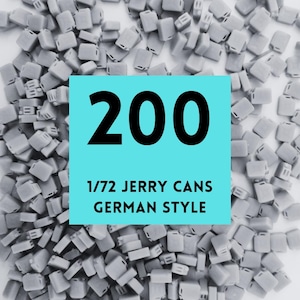 Puede incluir: Vista cenital de numerosos pequeños bidones grises. Un rectángulo turquesa muestra el número "200" en negro, con el texto "1/72 JERRY CANS GERMAN STYLE" debajo, indicando la escala y el estilo.