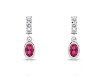 Oval Ruby Earrings / 14K Gold Diamond Earrings / Red Ruby Dangle Earrings / Dainty Gold Earrings / Minimalist Earrings / Anniversary Gift