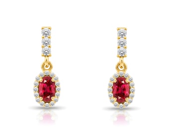 14K Gold Ruby Oval Earrings / Diamond Ruby Drop Earrings / Romantic Red Ruby Earrings / Minimalist Wedding Earrings / Valentine's Day Gift