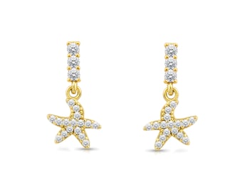14K Gold Starfish Drop Earrings / Sea Star Dangle Earrings / Coastal Diamond Earrings / Nautical Earrings / Gift For Wife