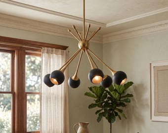 Mid Century Modern Sputnik Chandelier | Brass and Black 6-Light Pendant Fixture | Retro Ceiling Light for Dining Room or Living Room