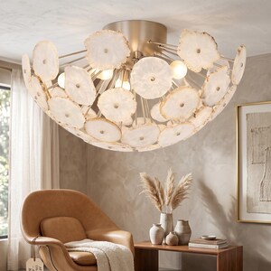 Capiz Shell Style Brass Chandelier | Gold Ceiling Light Fixture | Modern Floral Flush Mount | Boho Chic Home Decor Lighting Best Gift