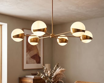 Żyrandol mosiężny w stylu mid-century modern, 6-punktowa lampa sufitowa w kształcie kuli, złota oprawa oświetleniowa Sputnik, nowoczesna mosiężna lampa wisząca do jadalni