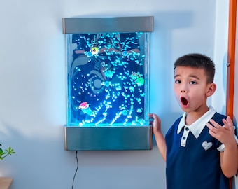 Wall Mounted Bubble Wall Aquarium 24 Inch Stainless Steel LED Sensory Water Feature for Home Decor Therapy Room and Modern Office Remote