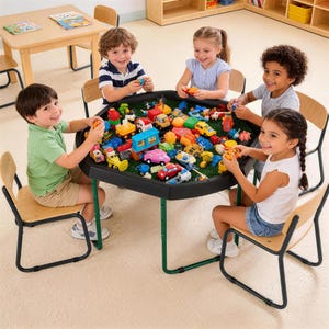 May include: A black octagonal activity table with green metal legs, featuring a green textured surface filled with various colorful plastic toy cars, trucks, and building blocks, surrounded by four wooden chairs with green metal frames.