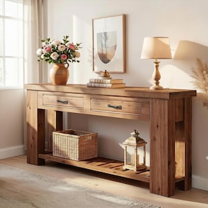 May include: A rectangular wooden console table featuring two drawers with dark metal pulls and a lower shelf. The table holds a ceramic vase with pink and white flowers, two stacked books, and a table lamp with a beige fabric shade.