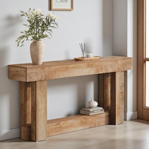 May include: A light brown wooden console table with a rectangular top and two vertical supports. The table has a lower shelf and is decorated with a vase of flowers, a tray, a small sculpture, and books. The table is 183 cm long.