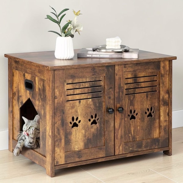 Cat Litter Box Enclosure: Hidden Cat House Cabinet Side Entrance, Rustic Brown End Table