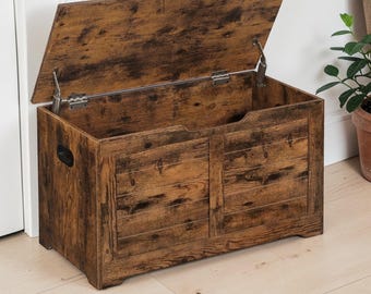 Storage Chest Bench: Rustic Blanket Box with Hidden Storage & Safety Hinges