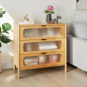 Mid-Century Modern Bamboo Dresser: 3-Drawer Reeded Glass Storage Cabinet