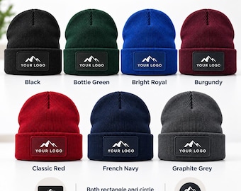 Personalised Logo Beanie Hat, Custom Printed Circle or Rectangle Patch, Branded Winter Workwear