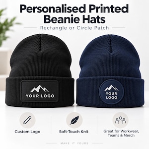 May include: Two ribbed knit beanie hats, one black and one navy blue, each featuring a patch with a mountain graphic and the text "YOUR LOGO". The black beanie has a rectangular patch, while the navy blue beanie has a circular patch.