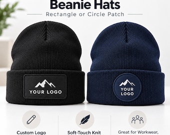 Custom Logo Beanie Hat, Custom Printed Circle or Rectangle Patch, Branded Winter Workwear