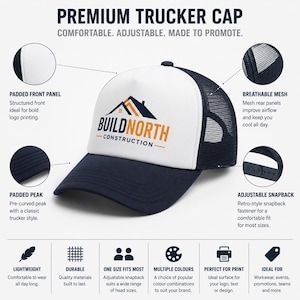 May include: A navy blue and white trucker cap featuring a white front panel with the printed text BUILD NORTH CONSTRUCTION and a house icon. The cap includes a navy blue pre-curved peak, navy blue mesh rear panels for ventilation, and an adjustable snapback.