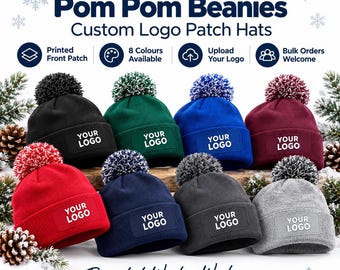 Personalised Pom Pom Beanie Hat, Custom Logo Printed Patch, Branded Winter Workwear