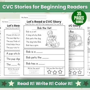 May include: A set of educational worksheets titled CVC Stories for Beginning Readers, featuring black and white text and illustrations. Each page includes a short story, fill-in-the-blank exercises, and a star rating section for children to complete.