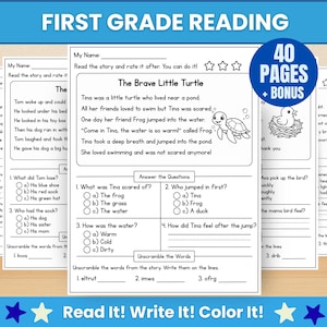 May include: A first grade reading worksheet set featuring black and white text and illustrations. The central page titled The Brave Little Turtle includes a short story, multiple choice questions, and word unscrambling exercises for students.