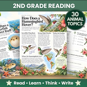 May include: Educational reading materials for 2nd grade featuring 30 animal topics. The pages include illustrated information about how hummingbirds hover and how pufferfish protect themselves, alongside comprehension questions and nature imagery.