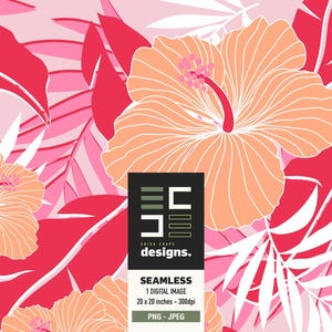 Op de afbeelding: Naadloze digitale afbeelding met een tropisch bloemenpatroon. Het ontwerp toont grote hibiscusbloemen in perzik- en roze tinten, met rode en witte bladeren op een lichtroze achtergrond. De tekst "SEAMLESS 1 DIGITAL IMAGE 50.8 x 50.8 cm - 300dpi" is inbegrepen.