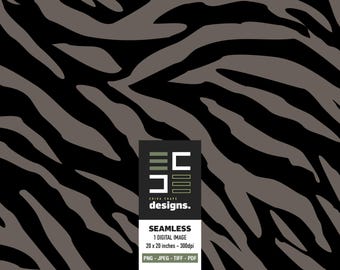May include: Seamless digital image featuring a zebra stripe pattern in black and gray. The design includes the text "designs." and "SEAMLESS 1 DIGITAL IMAGE 20 x 20 inches - 300dpi PNG - JPEG - TIFF - PDF".