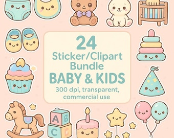 24 Baby & Kids Clipart Bundle | Cute Kawaii Stickers PNG | 300 DPI Transparent | Digital Download