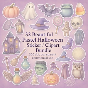 Könnte beinhalten: Eine Sammlung von 32 pastellfarbenen Halloween-Stickern und -Clipart. Die Bilder zeigen einen Kürbis, einen Geist, eine Fledermaus, einen Kessel, Zuckermais, einen Hexenhut, einen Totenkopf, eine Mumie, einen Sarg, einen Stiefel, einen Mond, eine Eule und mehr. Der Text lautet "32 Beautiful Pastel Halloween Sticker / Clipart Bundle."