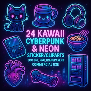 Puede incluir: Un conjunto de 24 diseños de pegatinas/cliparts Kawaii Cyberpunk & Neon. La imagen presenta un gato negro, una taza de café, auriculares, una consola de juegos, un cuenco de fideos, un corazón humano, una patineta y una máquina expendedora, todos con contornos de neón.